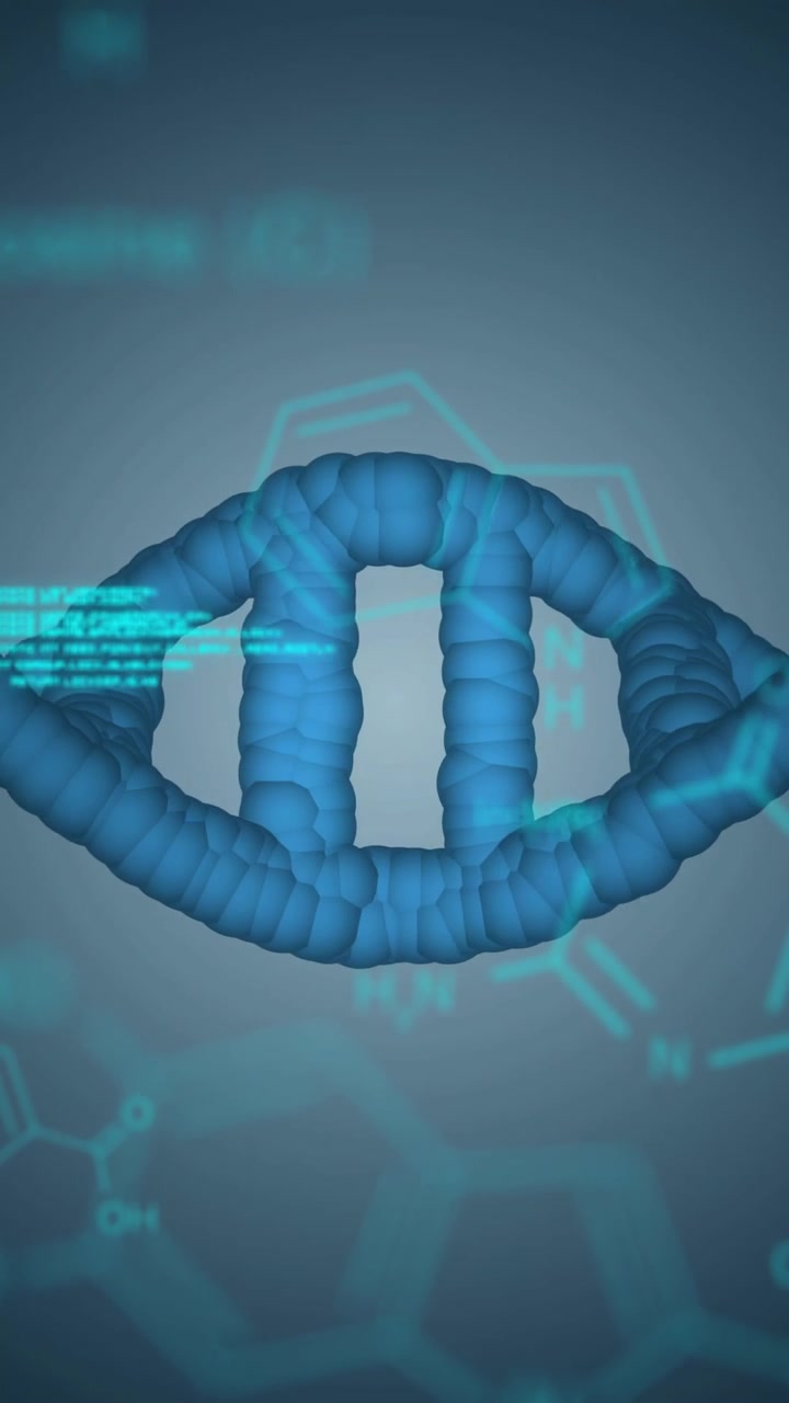 Vertical video: Code overlays fading in causing double-helix bending knotting rotating showing data