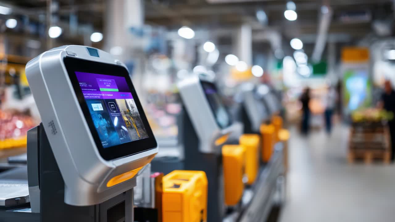 A modern self-checkout system in a retail store, showcasing advanced technology that enhances customer experience, promotes efficiency in shopping, and streamlines the checkout process for busy consumers