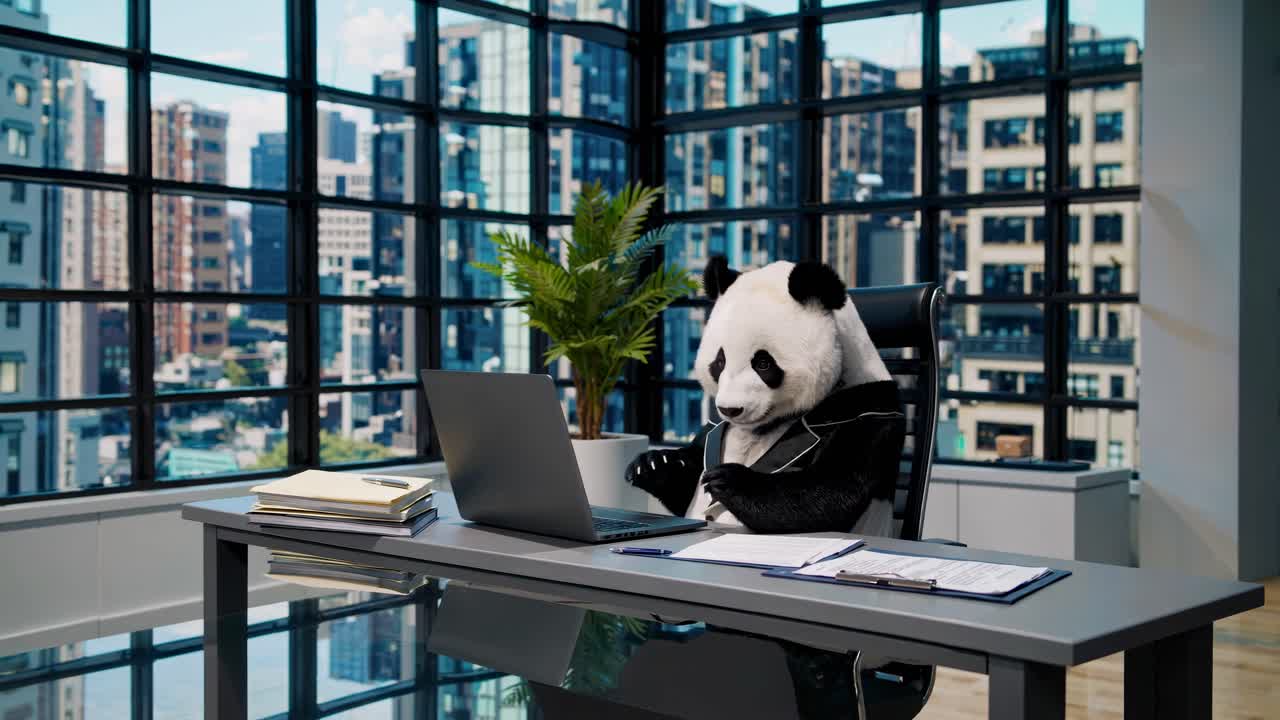 A panda in a suit works at a laptop in a modern office. The wide-angle shot captures city views