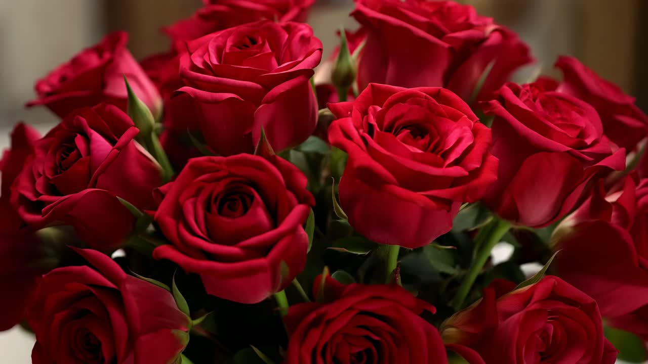 Alejamiento de la cámara, panorámica hacia abajo revelando un ramo de rosas rojas en el centro de la mesa, mostrando los capullos y los tallos