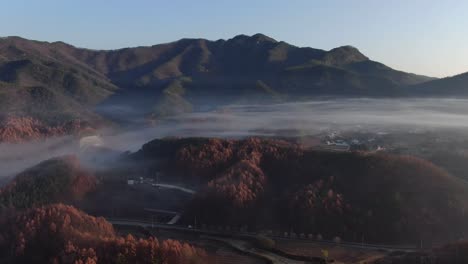 一个雾<unk>的秋季乡村道路场景