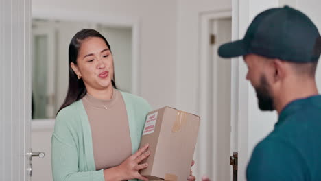 woman, tablet and sign for delivery man at door