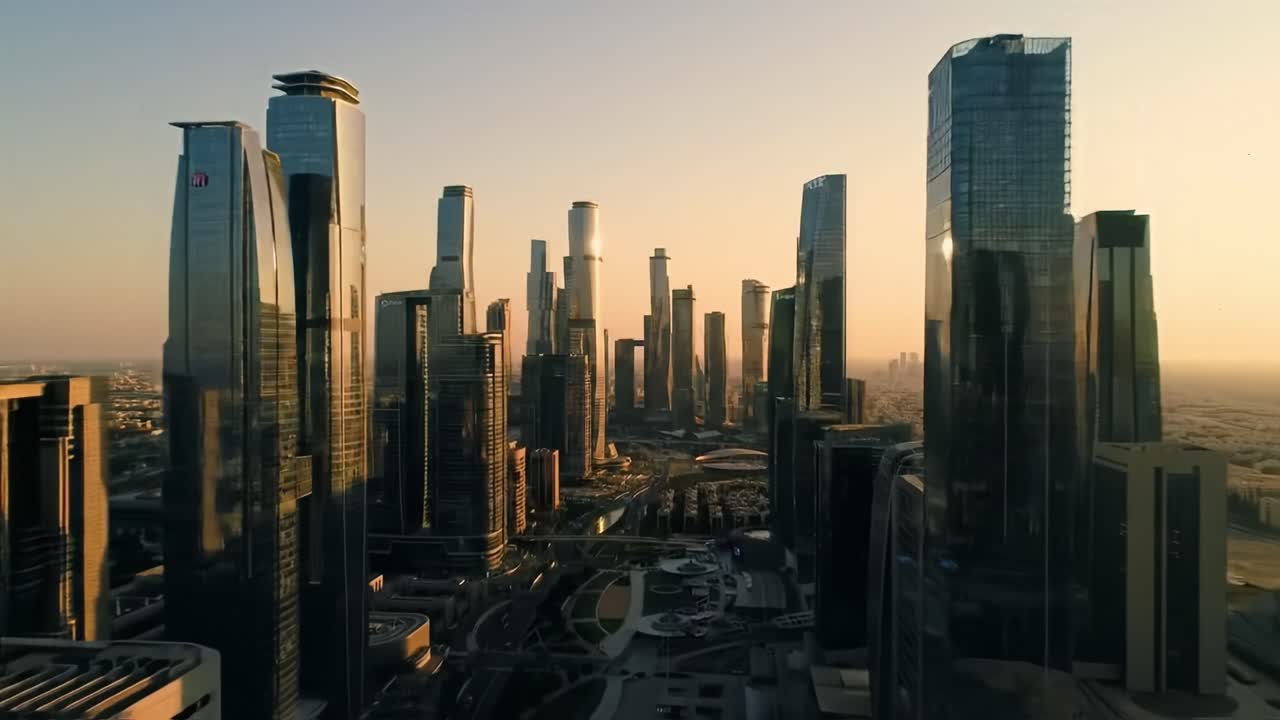 Aerial View of Modern City Skyline at Sunset with Gleaming Skyscrapers Reaching Towards the Sky and Urban Architecture Bathed in Warm Light