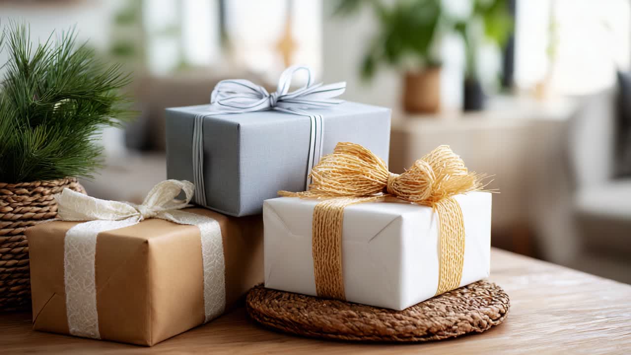 Raffinata esposizione di scatole regalo splendidamente confezionate con eleganti nastri ed elementi naturali in un ambiente interno moderno per celebrazioni e riunioni