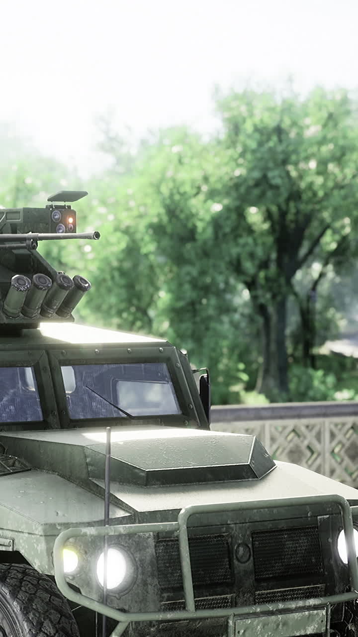Military vehicle parked near trees during daytime hours in green area