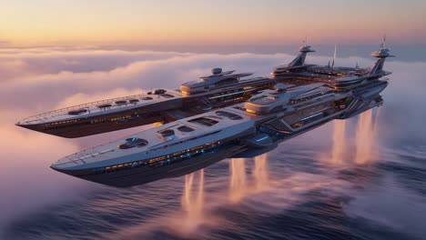 futuristic luxury airships above clouds at sunset