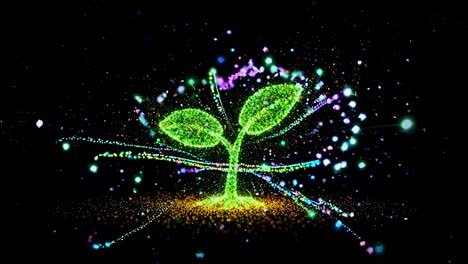 symbolic growth of a green plant emerging from soil with sparkling particles in a dark background demonstrating nature's marvels