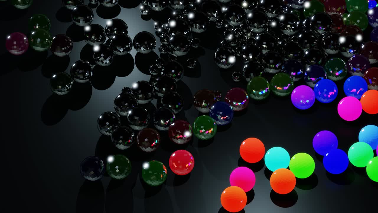 las bombillas comienzan a brillar formando un patrón como una guirlanda de navidad abstracta. las ondas multicolores corren a través de las bolas como en la guirlana de navidad, el fondo en bucle abstracto 3d con muchas esferas grises se encuentran en el plano.