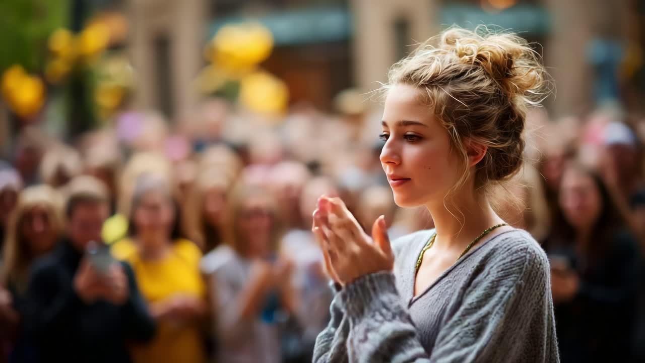 A Young Woman Experiences a Wave of Emotions as She Faces a Crowd, Capturing the Moment of Anticipation and Connection Amidst a Supportive Gathering of Friends