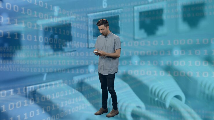 Animation of caucasian man using smartphone over server room