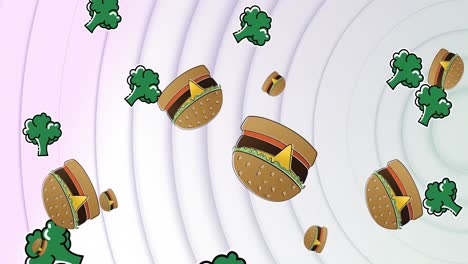 animación de iconos de hamburguesas que caen sobre círculos concéntricos blancos