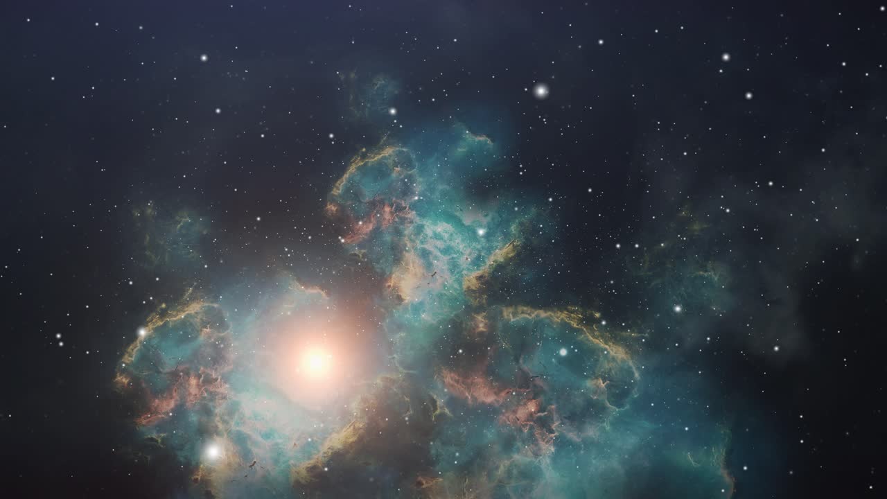 4k 우주, 움직이는 성운 구름과 우주에서 밝게 빛나는 빛