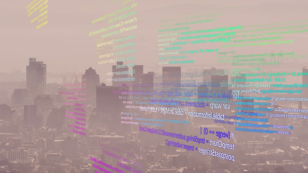 컴퓨터 언어와 그리드 패턴의 애니메이션 - 하늘에 대한 현대 도시의 공중 시상