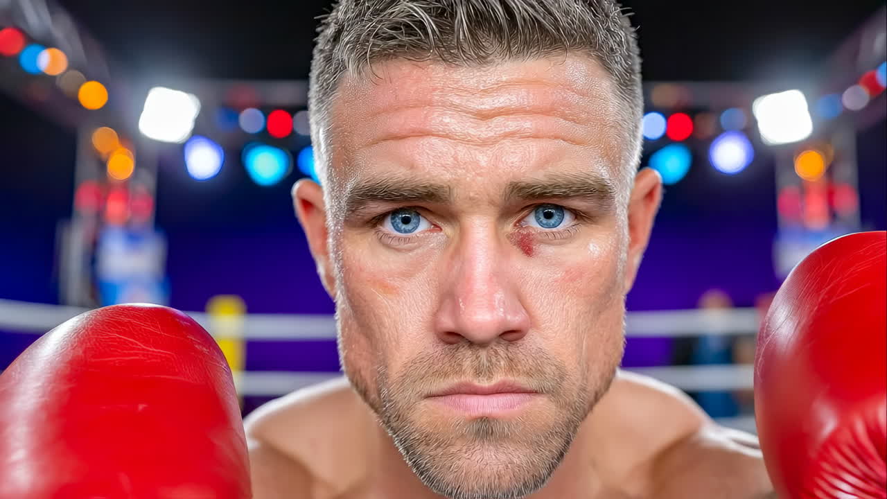 Boxer prepares for match in bright venue. Athlete stands in boxing ring, focused and ready to fight under colorful lights with an energetic crowd around