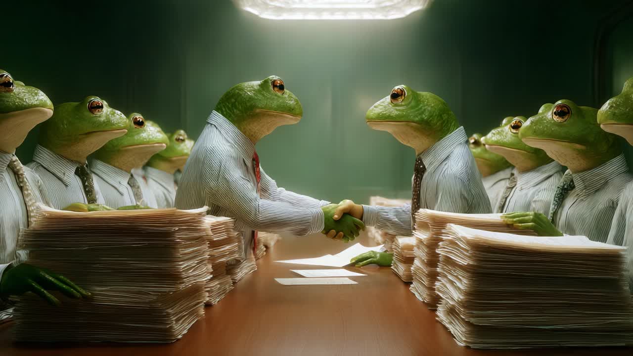 In a surreal boardroom meeting, anthropomorphic frogs in suits shake hands amidst a sea of paperwork, blending the realms of nature and corporate drama into an unexpected scenario
