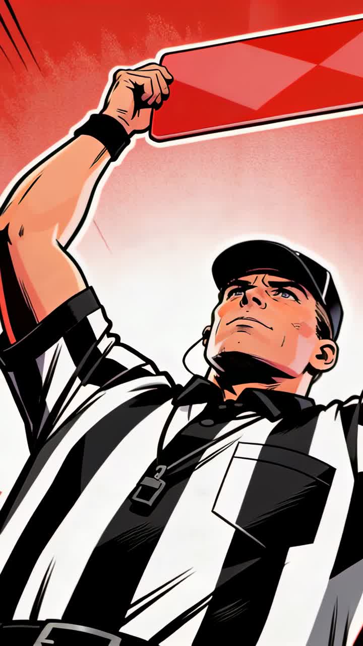 Vertical video: Whistle sounding, referee in striped shirt raising red card above in comic art