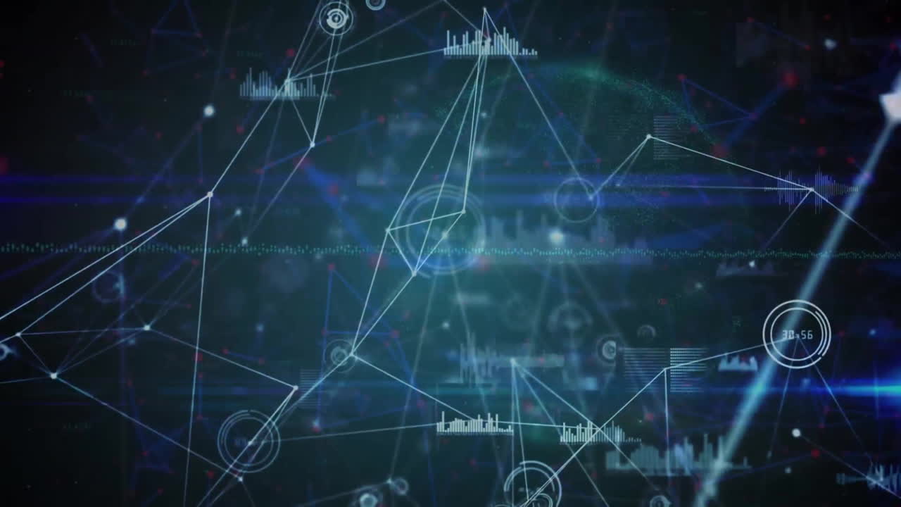 Animation of network of connections with data processing on black background