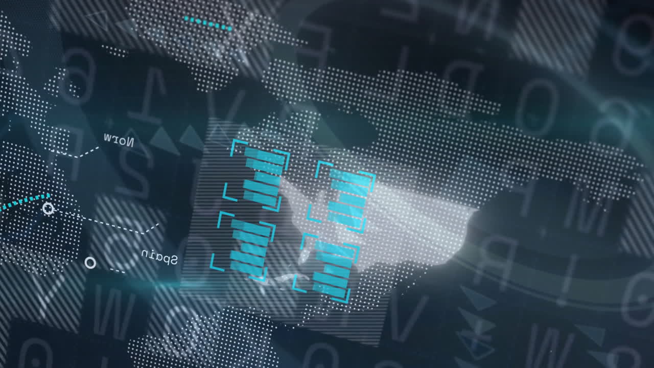 Displaying dotted world map with turquoise HUD modules and animated bar charts in virtual dashboard