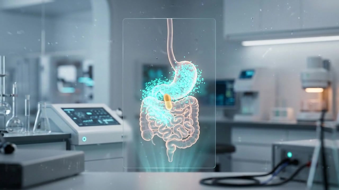 Glowing stomach and intestines floating upright inside modern clinical laboratory