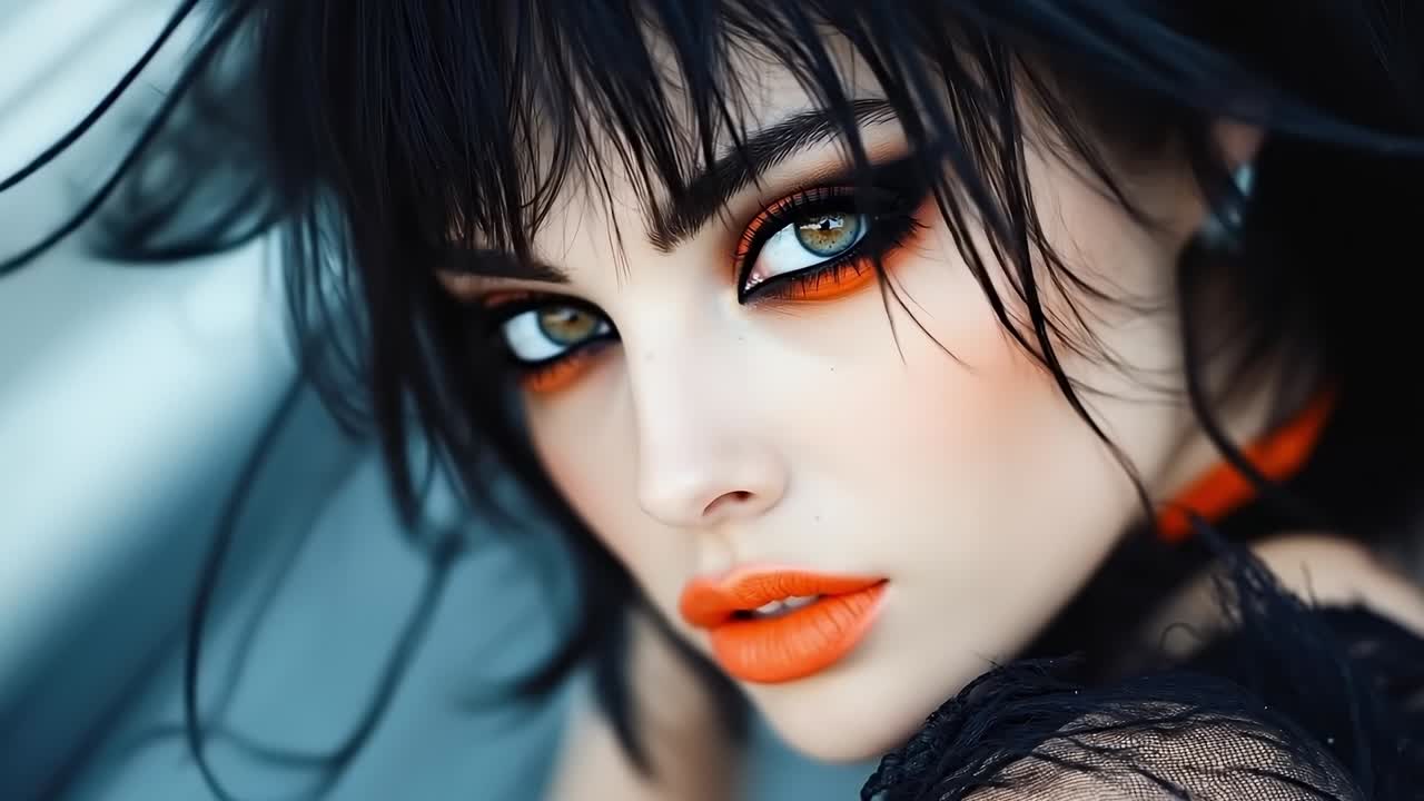 A close up of a woman with black hair and orange lipstick