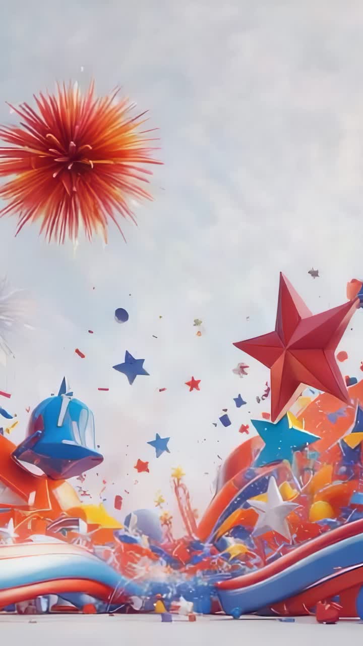 Video verticale: apertura con esplosione a spillo che si sposta verso destra con stelle, campanelle e nastri nel cielo