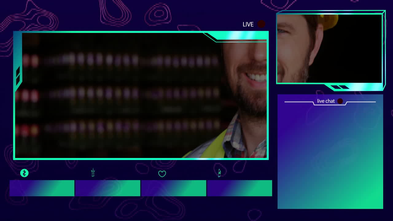 Live streaming animation showing man in hard hat with chat section visible