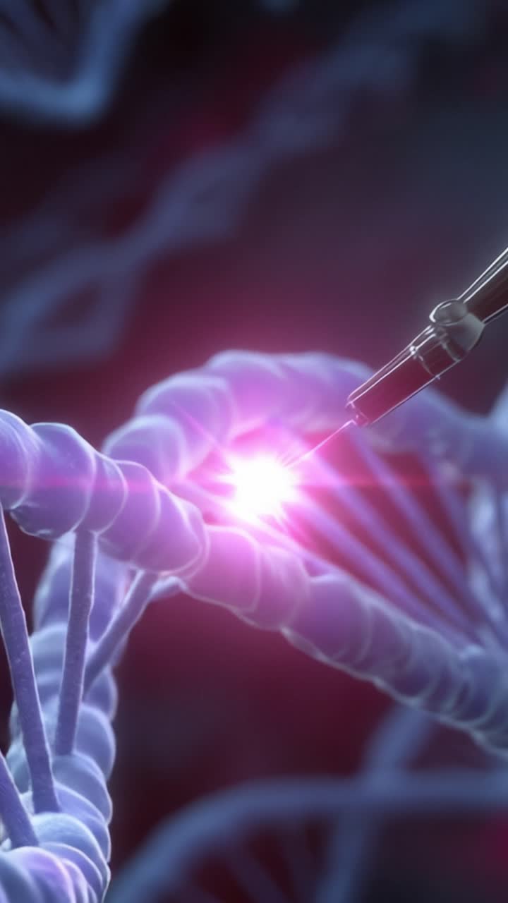 Una visualizzazione ad alta tecnologia della manipolazione del DNA: che mostra l'editing di precisione con un iniettore su scala nanometrica nella ricerca genetica e nei progressi della biotecnologia.