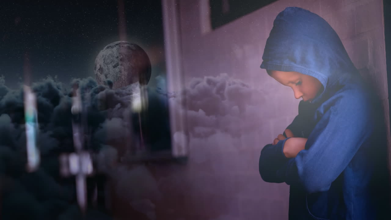 걱정 된 소년 이 팔 을  ⁇ 고 서 있는 디지털 애니메이션 4k