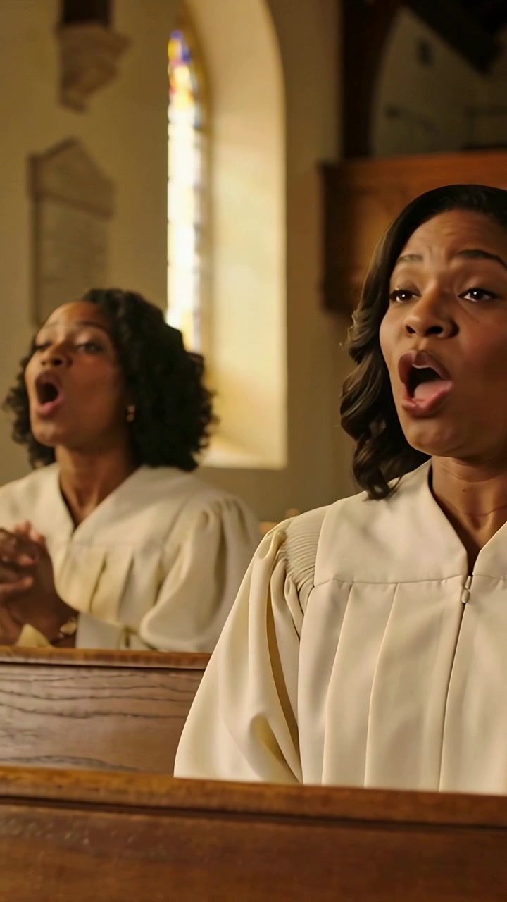 Vertical video: Clapping back sparking right singer singing in choir robe in service, stained glass