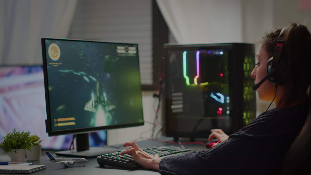 프로 에스포트 게이머가 챔피언십 우승을 축하하고 있습니다.