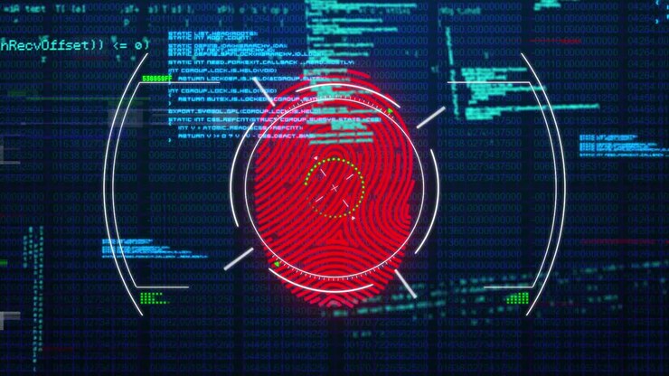 Animation of screen with viewfinder, fingerprint and data processing
