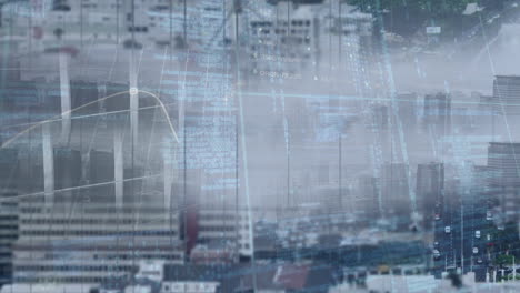 animation of trading board, programming language over aerial view of cityscape and cars on street