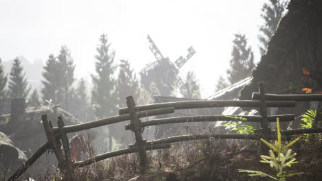 molino de viento de madera tradicional en el viejo bosque