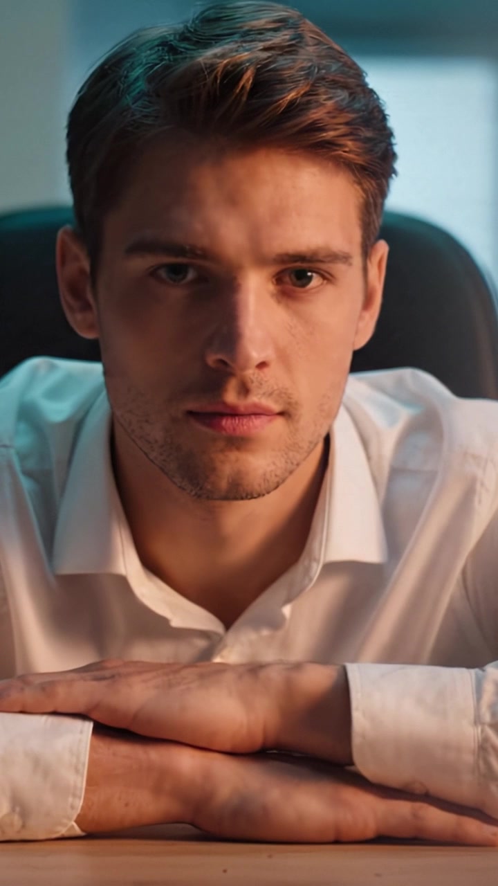 Un giovane uomo concentrato in camicia bianca, seduto a una scrivania, che emana sicurezza e professionalità con un leggero sorriso, inquadrato in un ambiente d'ufficio ben illuminato.