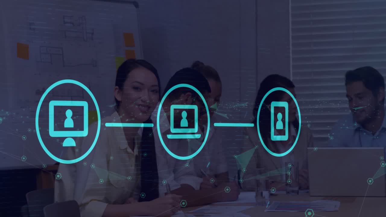 Animation of network of digital icons and plexus networks against asian woman smiling at office