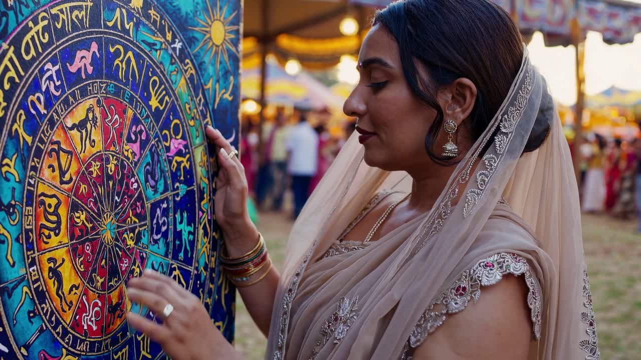 Indian fortune teller wearing traditional clothes and jewelry, holding a colorful natal chart during a mystical fair with blurred people in the background