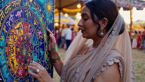 indian fortune teller wearing traditional clothes and jewelry, holding a colorful natal chart during a mystical fair with blurred people in the background