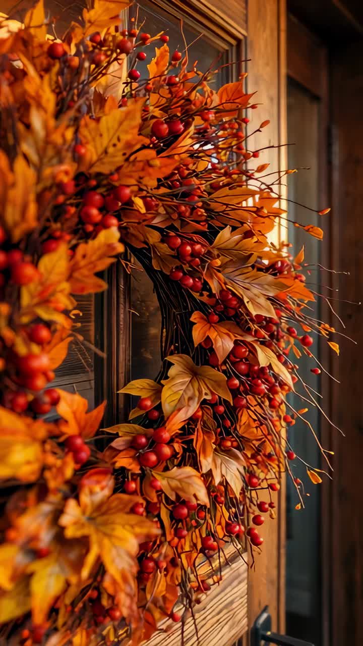 Vertical video: Pulling back camera revealing autumn wreath on wood door, showcasing fall decor