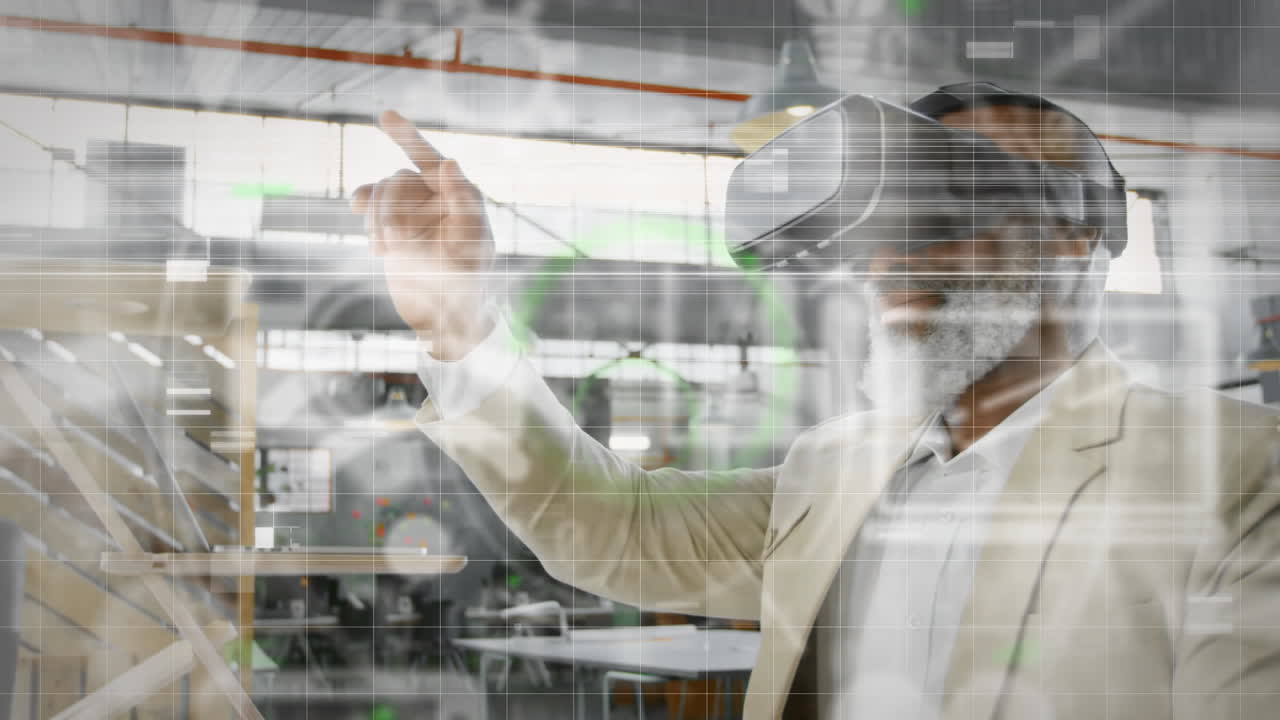 Animation of scope scanning and social media icons over african american man wearing vr headset