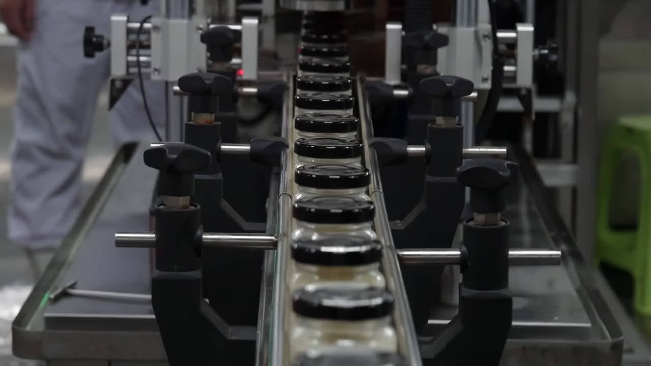 Background workers in a busy factory meticulously handle vibrant food bottles, placing them in cardboard boxes. The soft industrial lighting creates a warm ambiance, highlighting activity taking place
