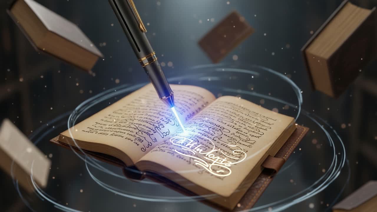 A Mystical Pen Illuminates the Pages of an Enchanting Book, Creating a Magical Experience of Writing in a Spellbinding Literary Environment