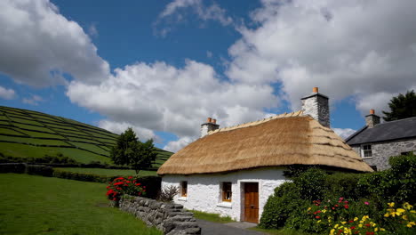 a charming collection of images featuring a traditional thatched-roof irish cottage surrounded by vibrant flowers and lush green landscape under a sunny sky