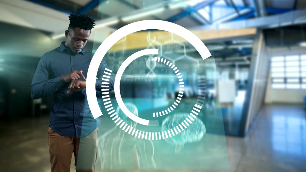 círculos en movimiento y procesamiento de datos médicos contra el hombre usando reloj inteligente