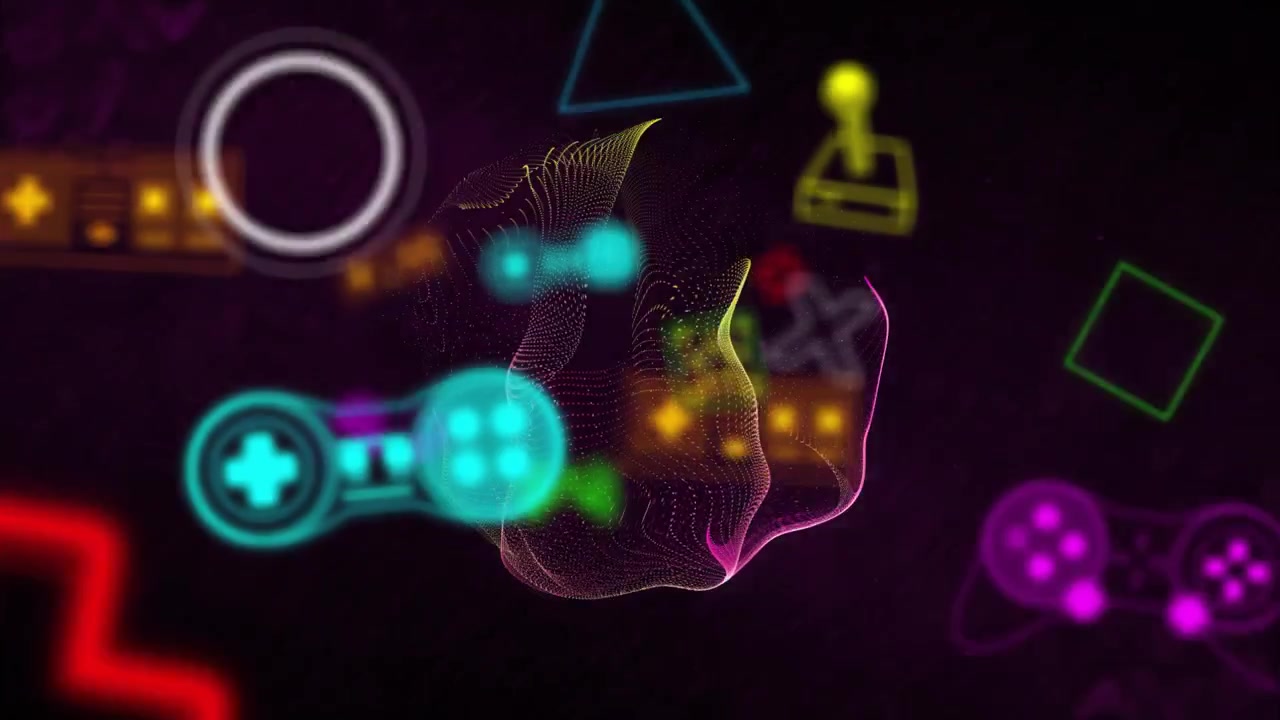 Animazione di icone di videogiochi al neon su sfondo nero