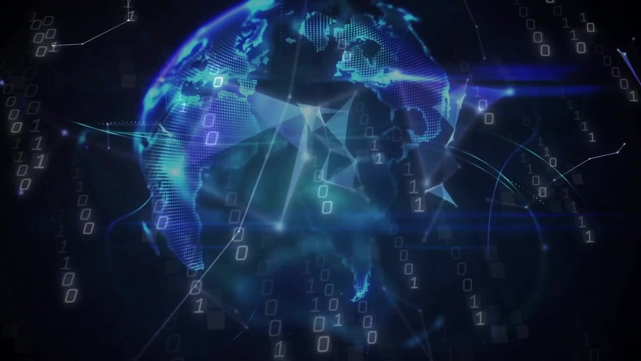 Upon binary streams appearing, polygons rotating and converging into digital globe for data display