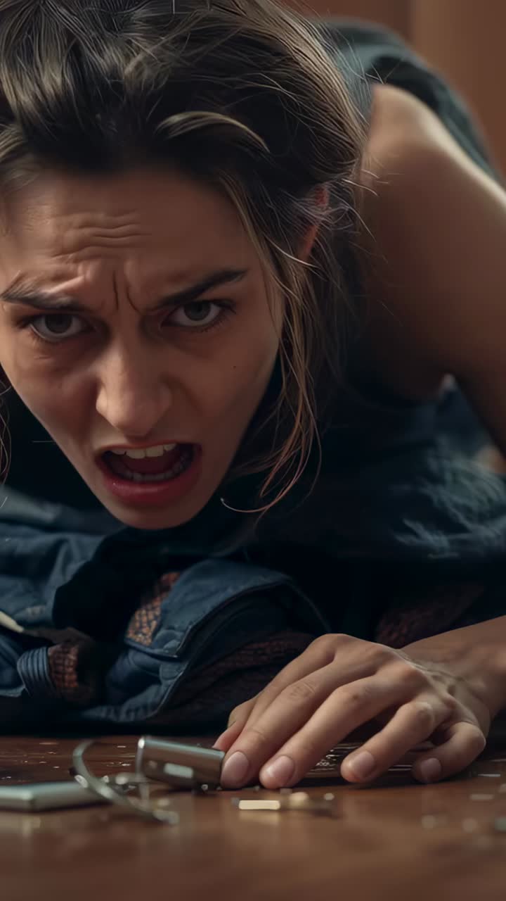 Vertical video: Spotting bits woman in tank top crawling on wooden floor grasping chain to inspect