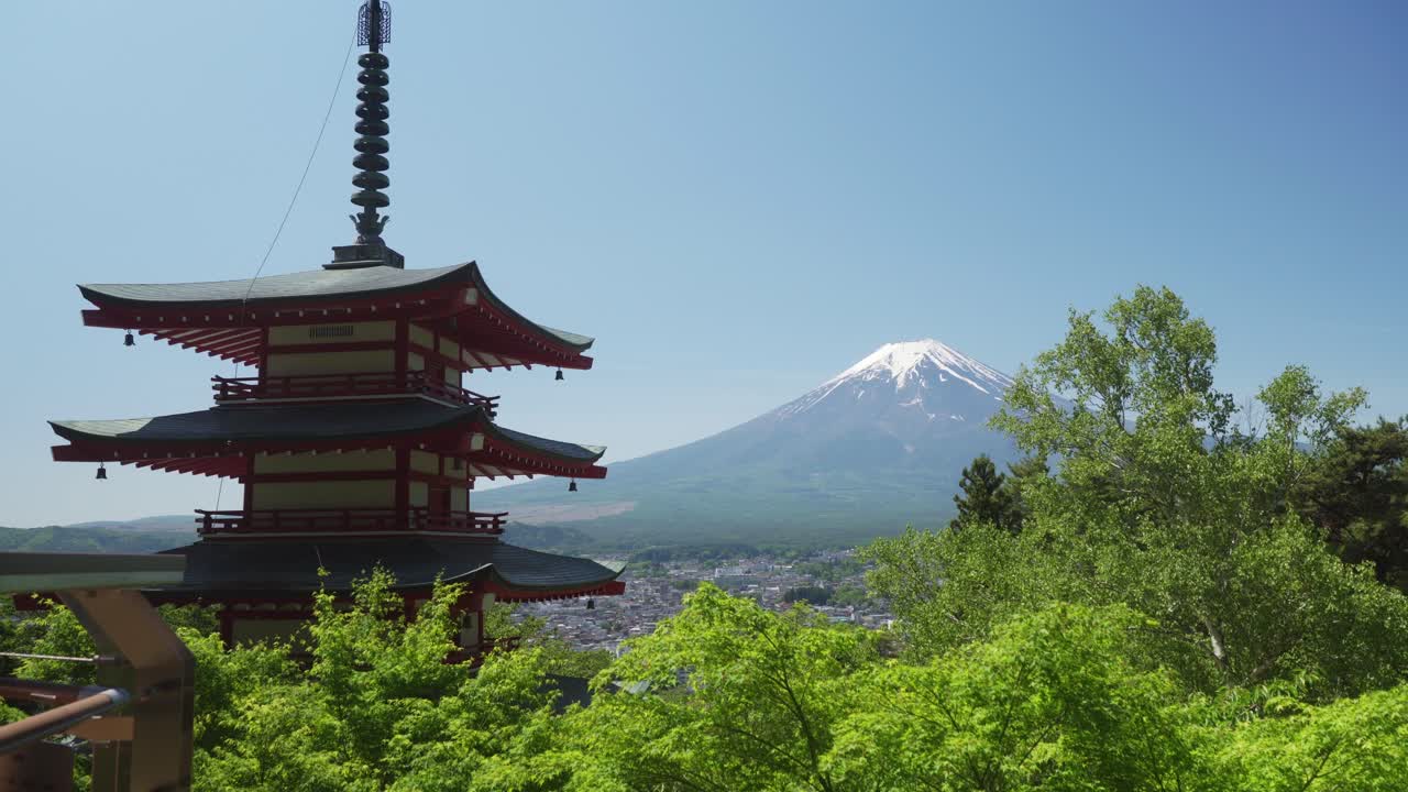 Panoramic view of Mount Fuji and the Chureito Pagoda on a sunny and lonely day at Arakura Sengen Park, Fujiyoshida Yamanashi Japan