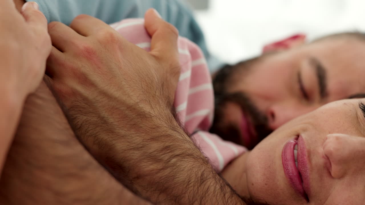 Love, hug or bonding couple on bed bedroom