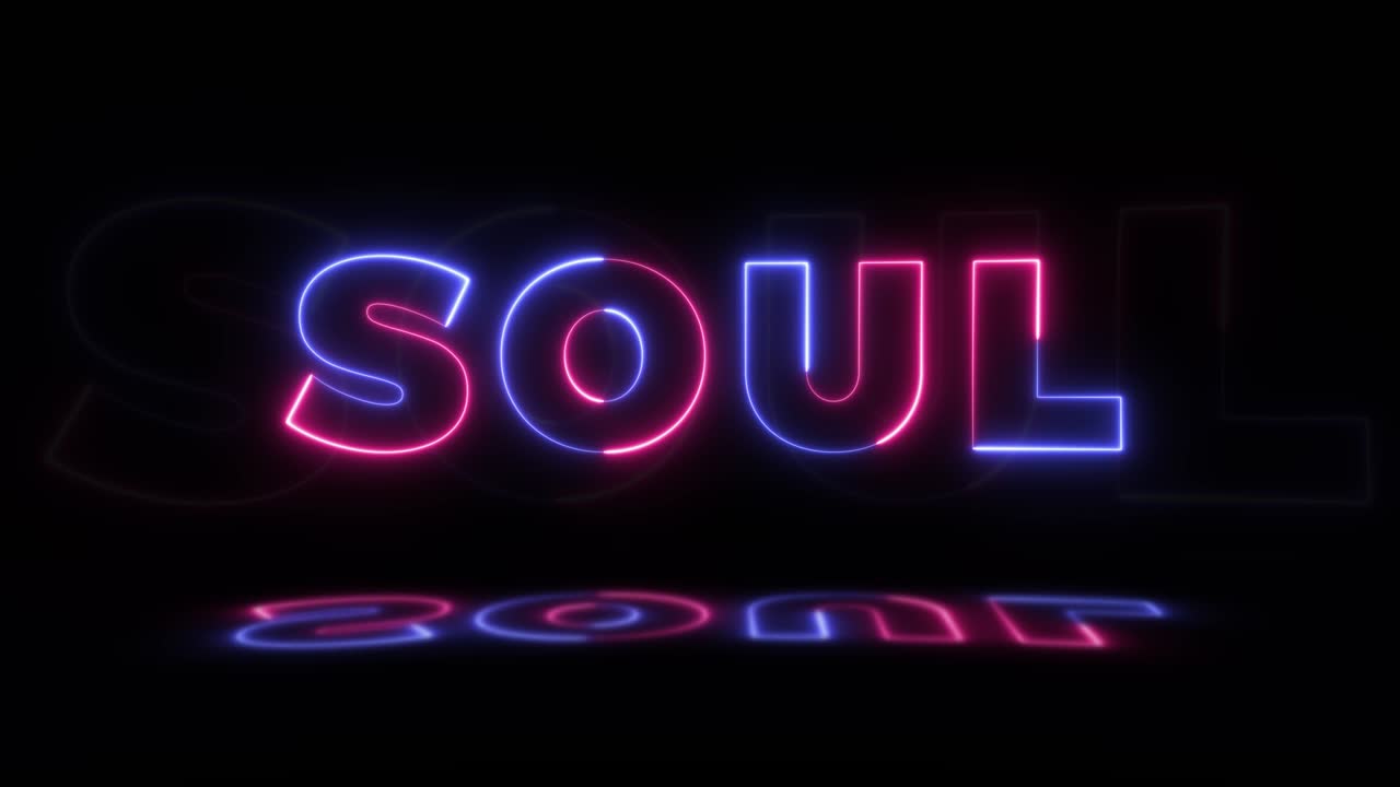 neón brillante palabra 'alma' en un fondo negro con reflejos en un piso. signos de brillo de neón en gráfico de movimiento de bucle sin costuras