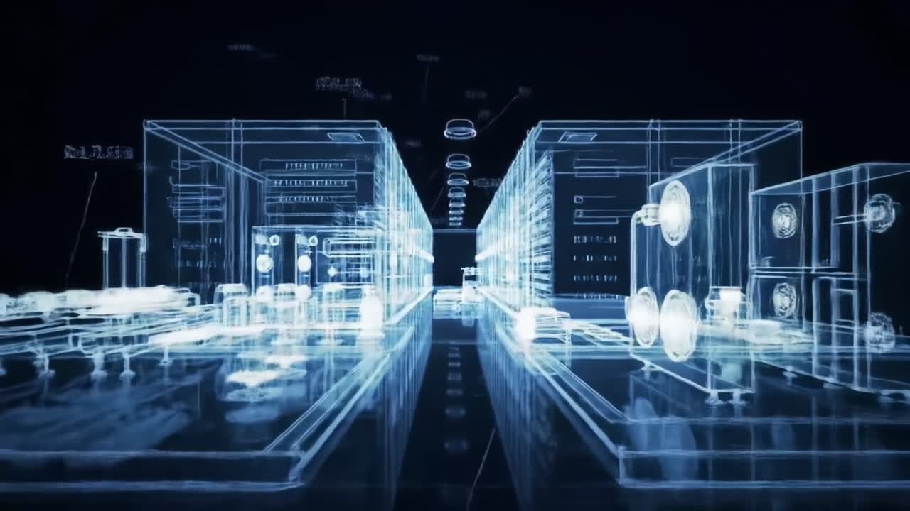 Exploring the Intricate Architecture of a Data Center: An Ethereal Journey Through Layers of Technology and Connectivity Illuminated by a Neon Glow